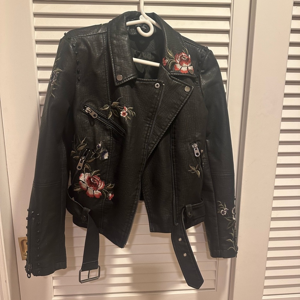 Aqua Black Leather Jacket with Floral Embroidery